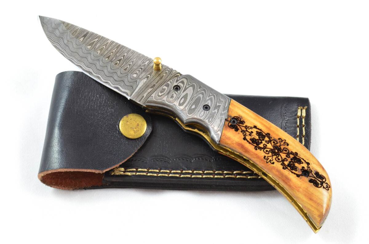 A Beautiful Handmade Damascus Steel Bladed Engraved Olive Wood Scaled Pocket Knife