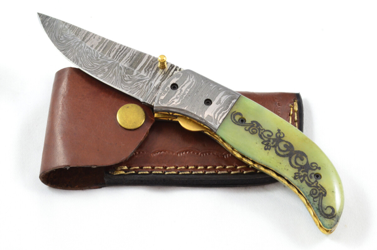 A Beautiful Handmade Damascus Steel Bladed Engraved Camel Bone Scaled Pocket Knife