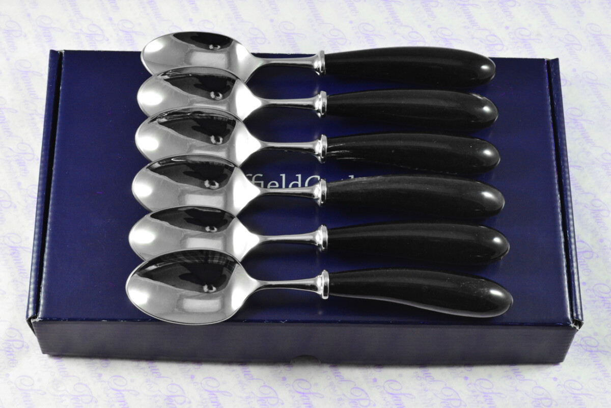 Six Boxed Brand New Genuine Water Buffalo Handle Dessert Spoons Made in Sheffield England