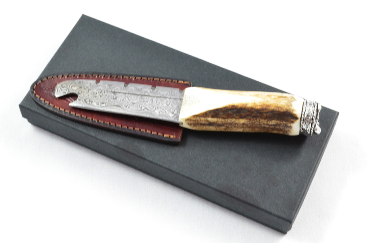 Antler Stag Horn Handle Pewter Capped Sgain Dubh Dirk Damascus Steel Bottle Opener Blade Made In Sheffield England