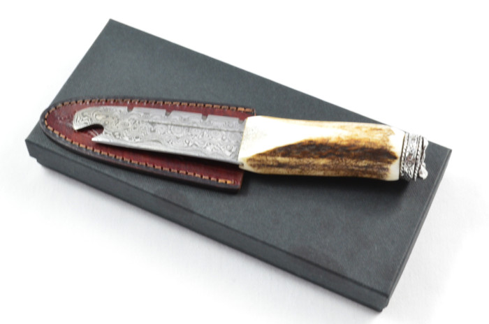 Antler Stag Horn Handle Pewter Capped Sgain Dubh Dirk Damascus Steel Bottle Opener Blade Made In Sheffield England