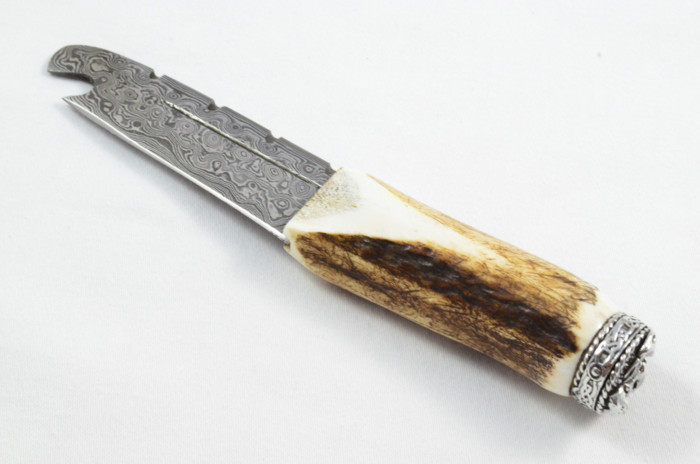 Antler Stag Horn Handle Pewter Capped Sgain Dubh Dirk Damascus Steel Bottle Opener Blade Made In Sheffield England - Image 2