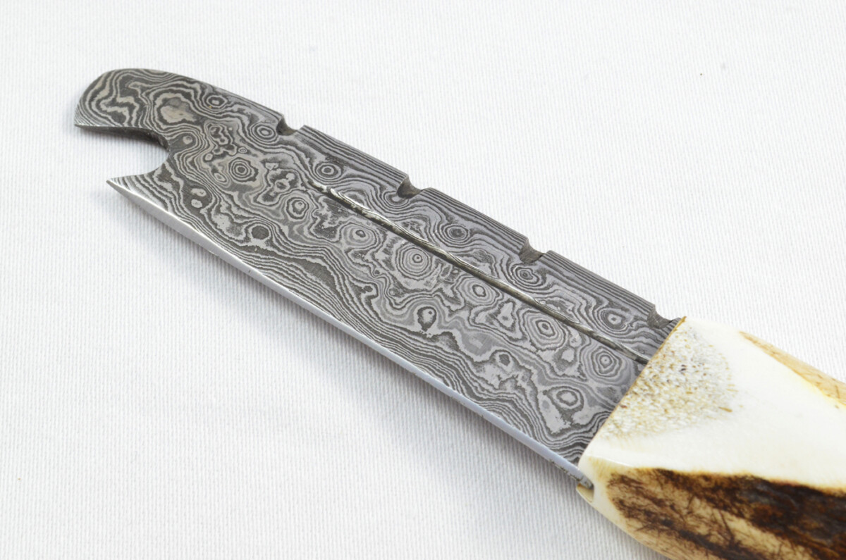 Antler Stag Horn Handle Pewter Capped Sgain Dubh Dirk Damascus Steel Bottle Opener Blade Made In Sheffield England - Image 3