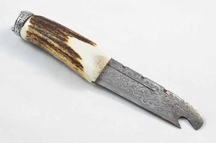 Antler Stag Horn Handle Pewter Capped Sgain Dubh Dirk Damascus Steel Bottle Opener Blade Made In Sheffield England - Image 6