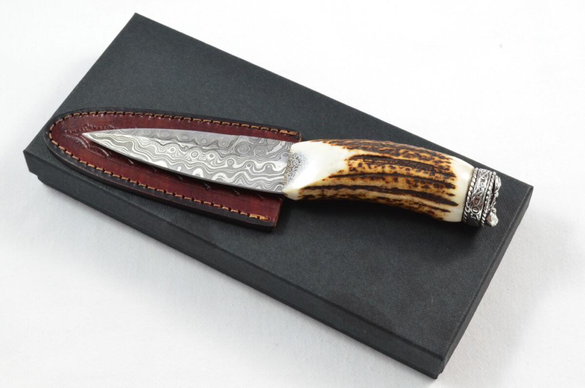 Antler Stag Horn Handle Pewter Capped Sgain Dubh Dirk Damascus Steel Swaged Edge Blade Made In Sheffield England