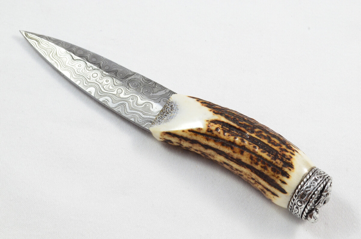 Antler Stag Horn Handle Pewter Capped Sgain Dubh Dirk Damascus Steel Swaged Edge Blade Made In Sheffield England - Image 2