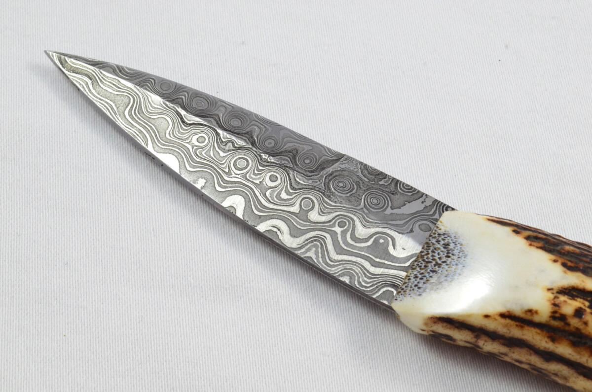 Antler Stag Horn Handle Pewter Capped Sgain Dubh Dirk Damascus Steel Swaged Edge Blade Made In Sheffield England - Image 3