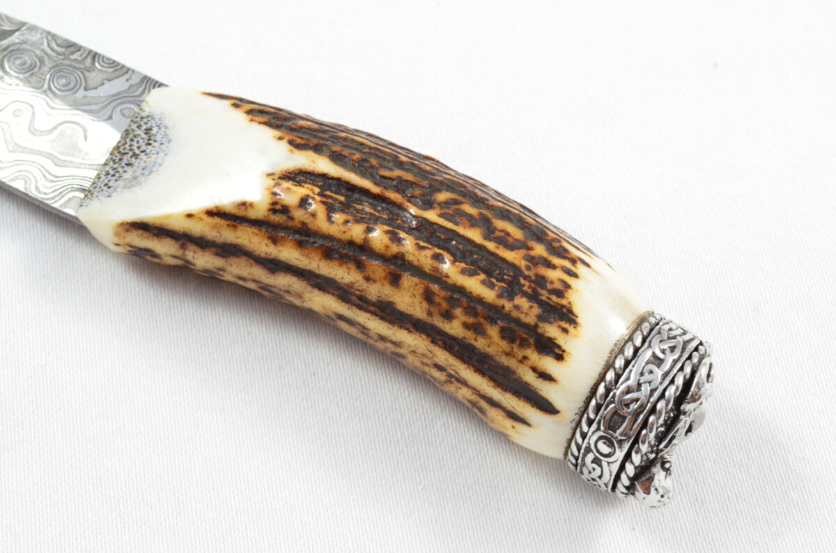 Antler Stag Horn Handle Pewter Capped Sgain Dubh Dirk Damascus Steel Swaged Edge Blade Made In Sheffield England - Image 4