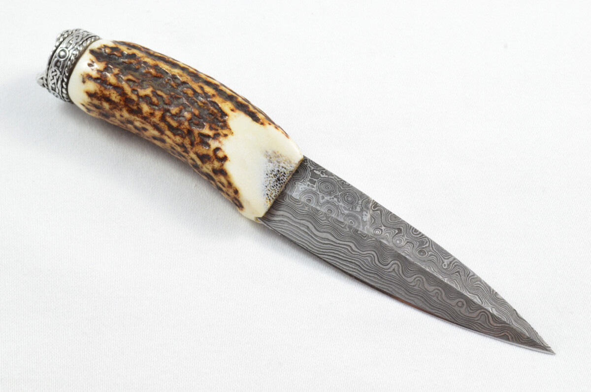 Antler Stag Horn Handle Pewter Capped Sgain Dubh Dirk Damascus Steel Swaged Edge Blade Made In Sheffield England - Image 6