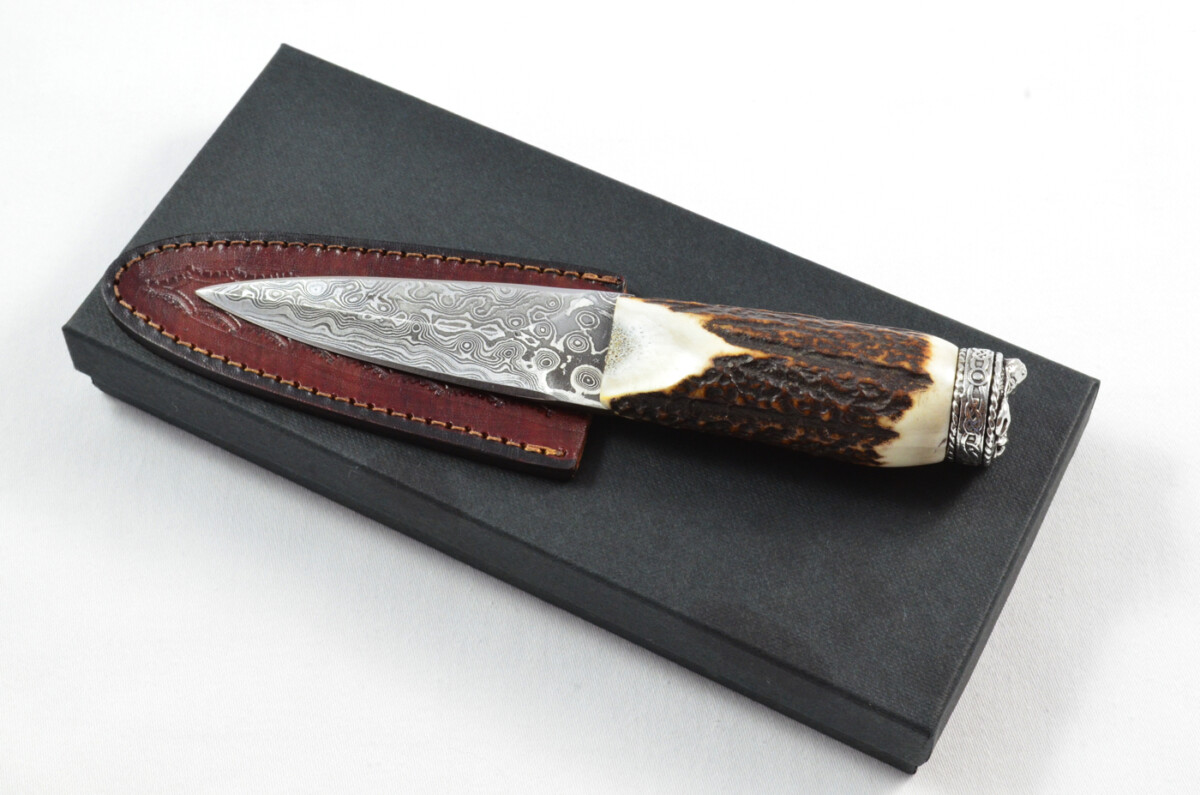 Antler Stag Horn Handle Pewter Capped Sgain Dubh Dirk Damascus Steel Double Edge Blade Made In Sheffield England