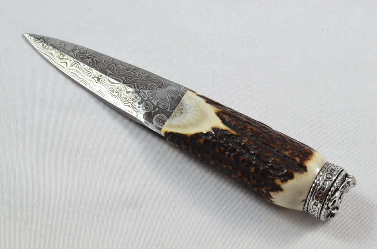 Antler Stag Horn Handle Pewter Capped Sgain Dubh Dirk Damascus Steel Double Edge Blade Made In Sheffield England - Image 2
