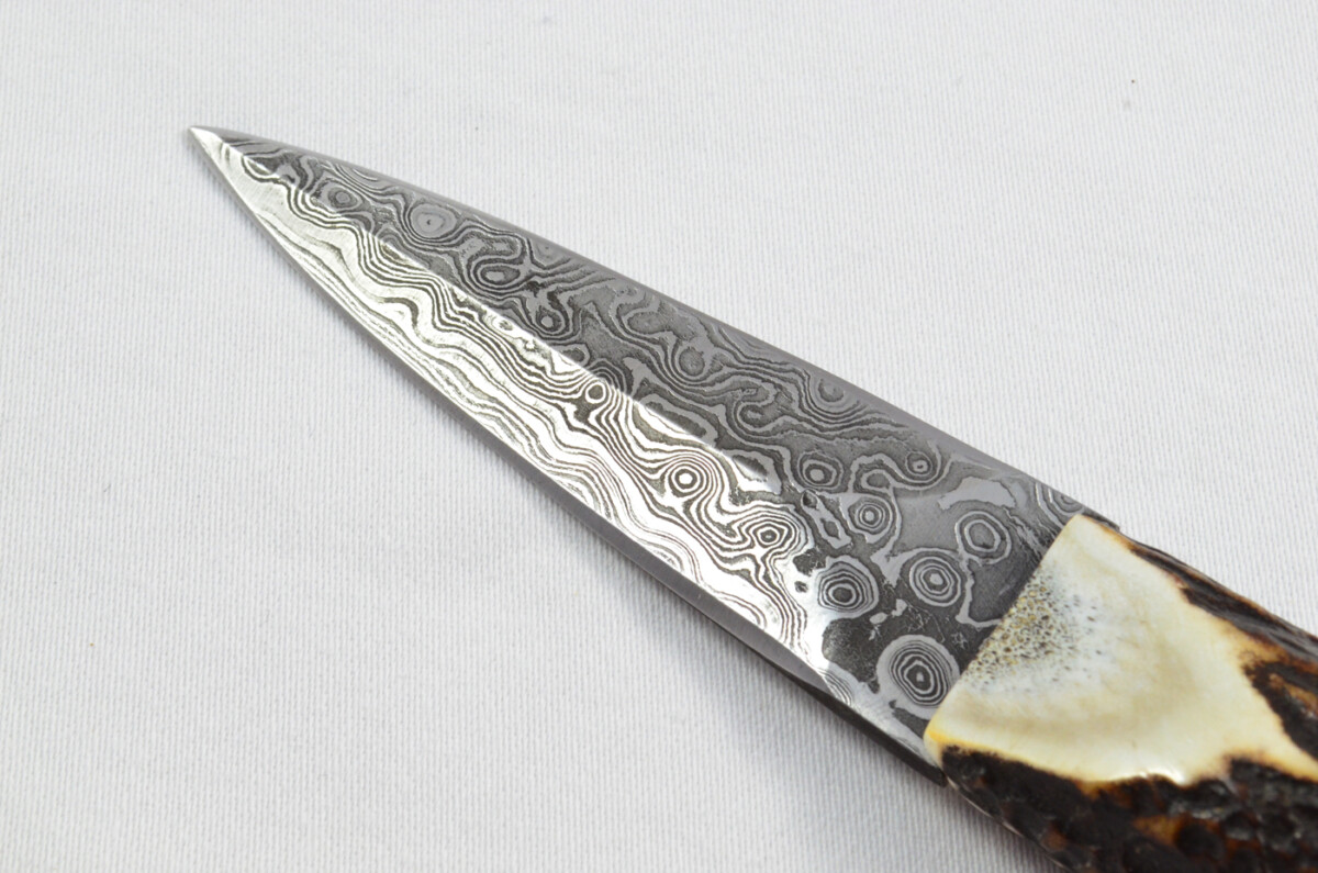 Antler Stag Horn Handle Pewter Capped Sgain Dubh Dirk Damascus Steel Double Edge Blade Made In Sheffield England - Image 3