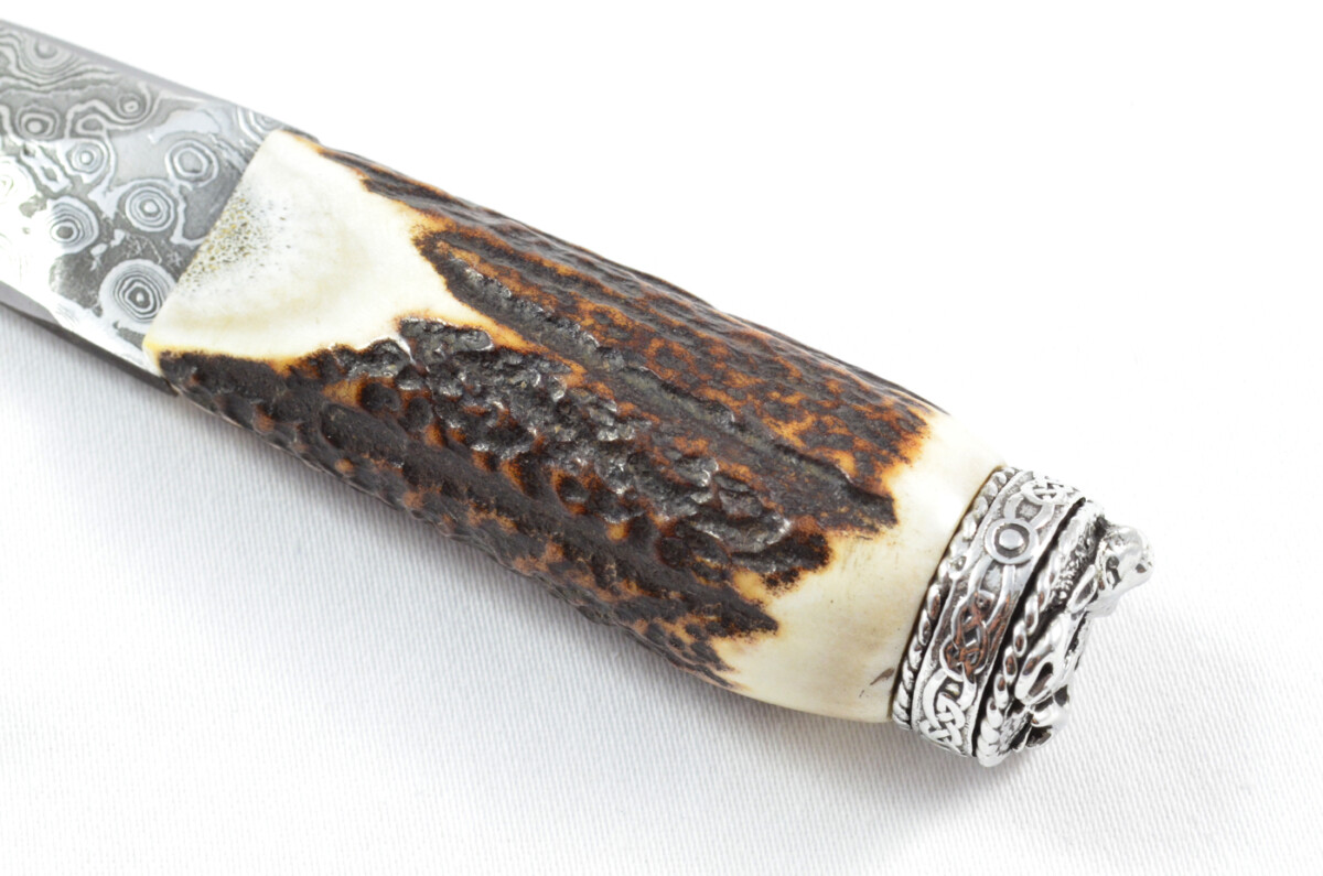 Antler Stag Horn Handle Pewter Capped Sgain Dubh Dirk Damascus Steel Double Edge Blade Made In Sheffield England - Image 4