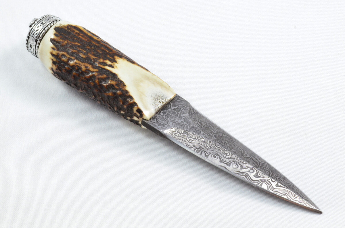 Antler Stag Horn Handle Pewter Capped Sgain Dubh Dirk Damascus Steel Double Edge Blade Made In Sheffield England - Image 6