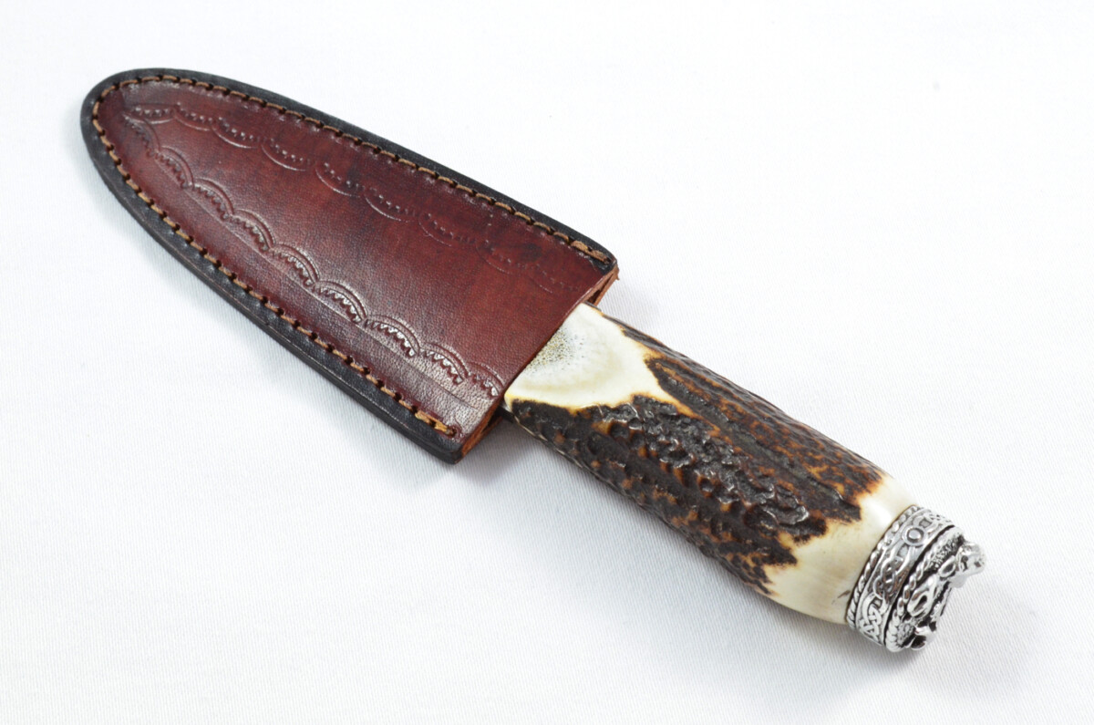 Antler Stag Horn Handle Pewter Capped Sgain Dubh Dirk Damascus Steel Double Edge Blade Made In Sheffield England - Image 7