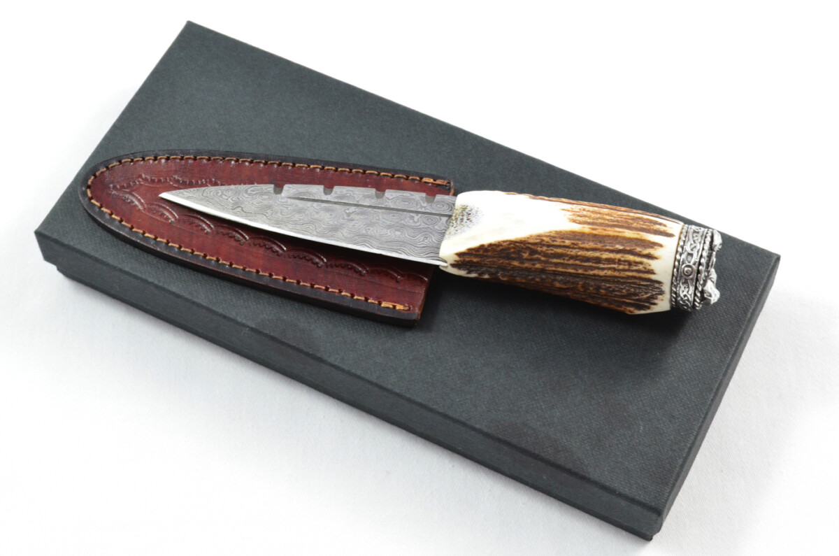 Antler Stag Horn Handle Pewter Capped Sgain Dubh Dirk Damascus Steel Blade Made In Sheffield England