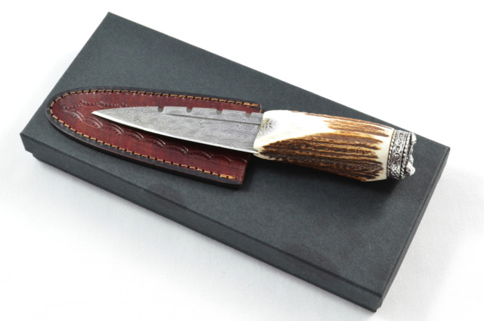 Antler Stag Horn Handle Pewter Capped Sgain Dubh Dirk Damascus Steel Blade Made In Sheffield England