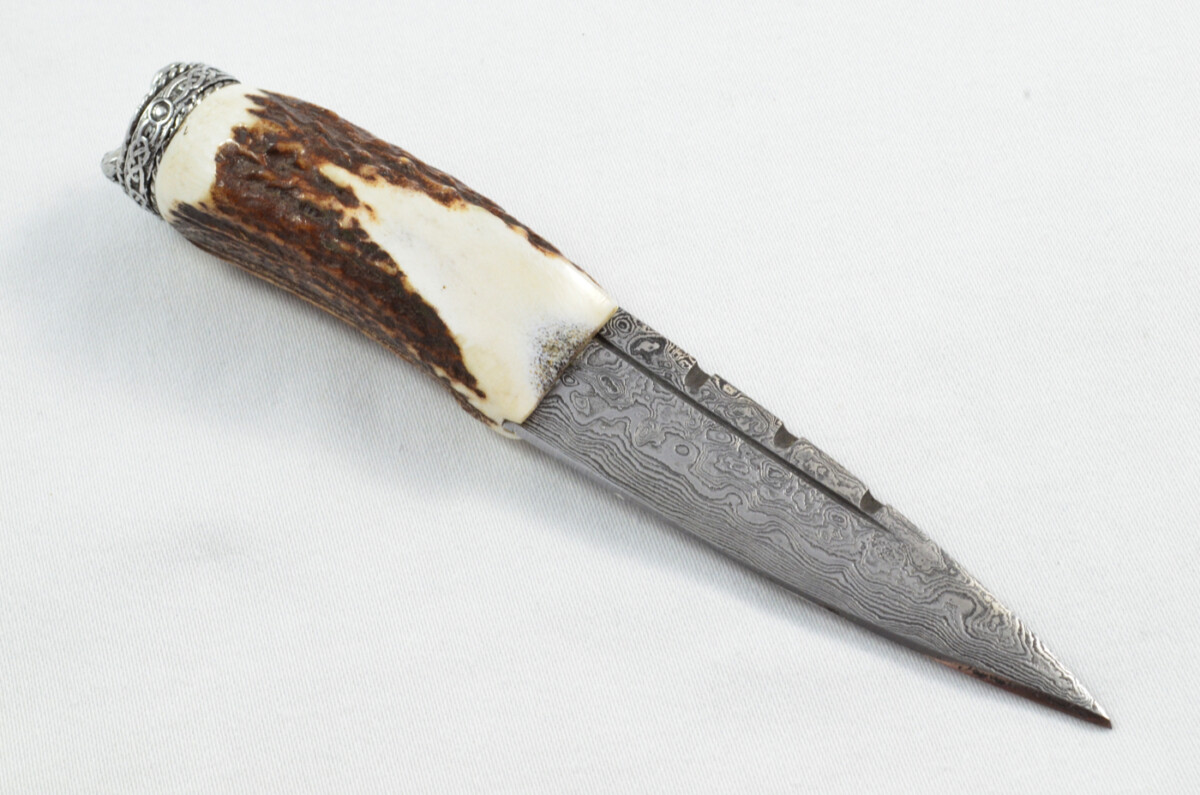 Antler Stag Horn Handle Pewter Capped Sgain Dubh Dirk Damascus Steel Blade Made In Sheffield England - Image 6