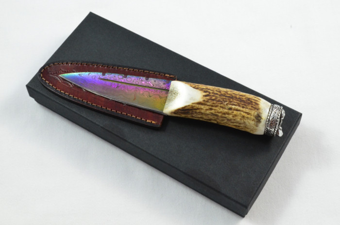 Antler Stag Horn Handle Pewter Capped Sgain Dubh Dirk Heat Treated Damascus Steel Blade Made In Sheffield England