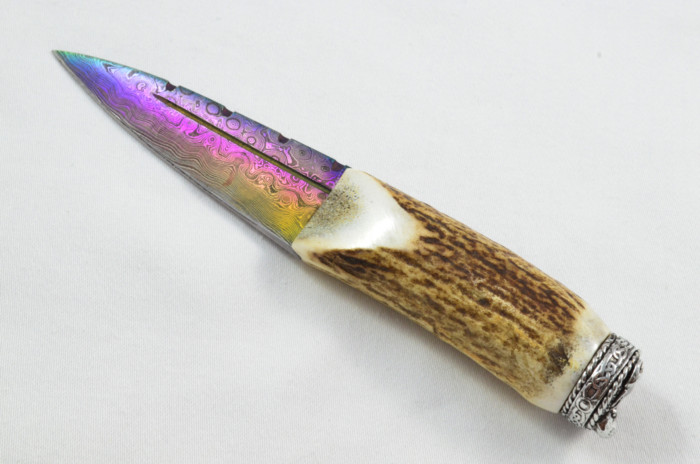 Antler Stag Horn Handle Pewter Capped Sgain Dubh Dirk Heat Treated Damascus Steel Blade Made In Sheffield England - Image 2