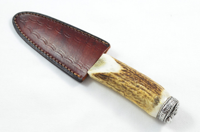 Antler Stag Horn Handle Pewter Capped Sgain Dubh Dirk Heat Treated Damascus Steel Blade Made In Sheffield England - Image 7