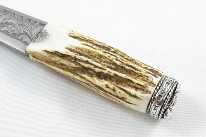 Antler Stag Horn Handle Pewter Capped Sgain Dubh Dirk Hand Engraved Steel Blade Made In Sheffield England - Image 4