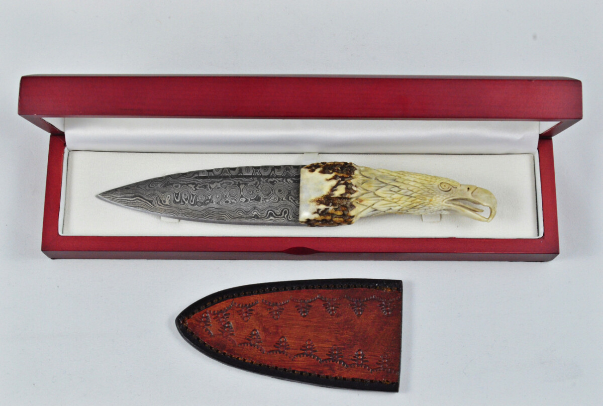 Amazing Bespoke Hand Carved Bald Eagle Stag Horn Antler Handle Sgian Dubh Damascus Blade Sheffield England - Image 2