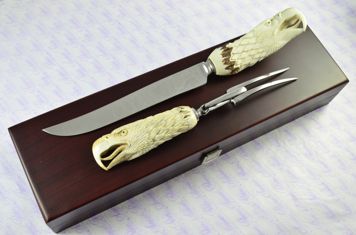 Genuine Stag/Horn/Antler Handled Hand Carved Bald Eagle 2 Piece Carving Set Cased Made In Sheffield England Astonishing - Image 2