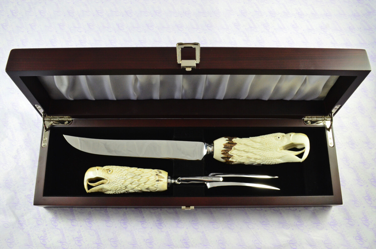 Genuine Stag/Horn/Antler Handled Hand Carved Bald Eagle 2 Piece Carving Set Cased Made In Sheffield England Astonishing