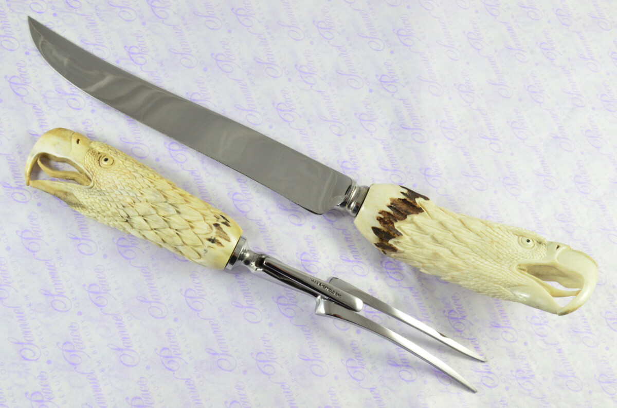 Genuine Stag/Horn/Antler Handled Hand Carved Bald Eagle 2 Piece Carving Set Cased Made In Sheffield England Astonishing - Image 3