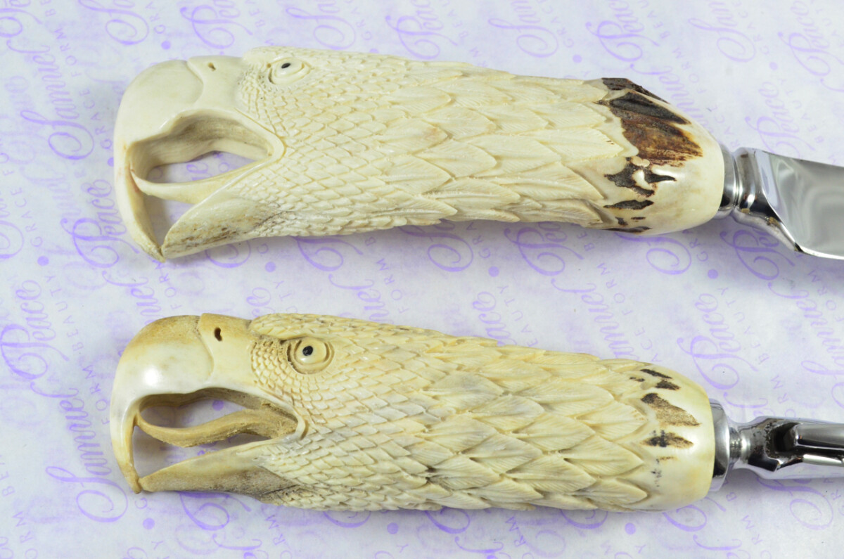Genuine Stag/Horn/Antler Handled Hand Carved Bald Eagle 2 Piece Carving Set Cased Made In Sheffield England Astonishing - Image 4