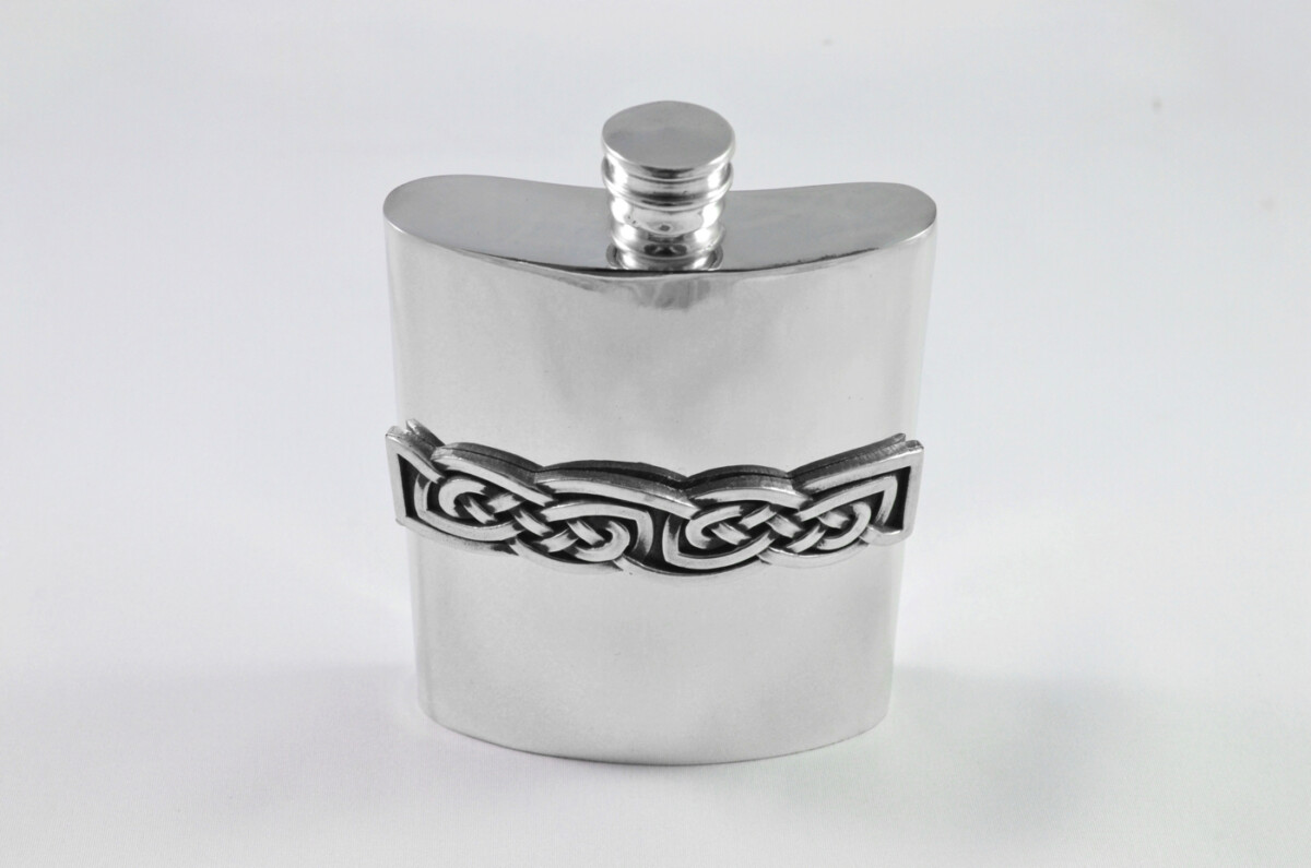 Brand New Pewter 6oz Celtic Band Kidney Shaped Hip Flask Bespoke Handmade in Sheffield England