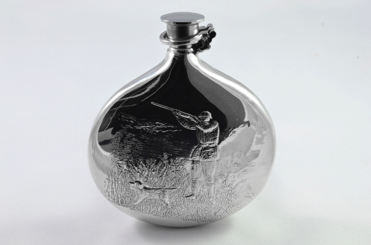 Brand New Pewter 6oz Scottish Sporran Hunting Scene Hip Flask Bespoke Handmade in Sheffield England