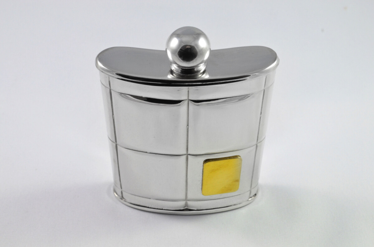 Brand New Pewter 6oz Art Deco Hip Flask with Brass Badge Bespoke Handmade in Sheffield England FREE ENGRAVING