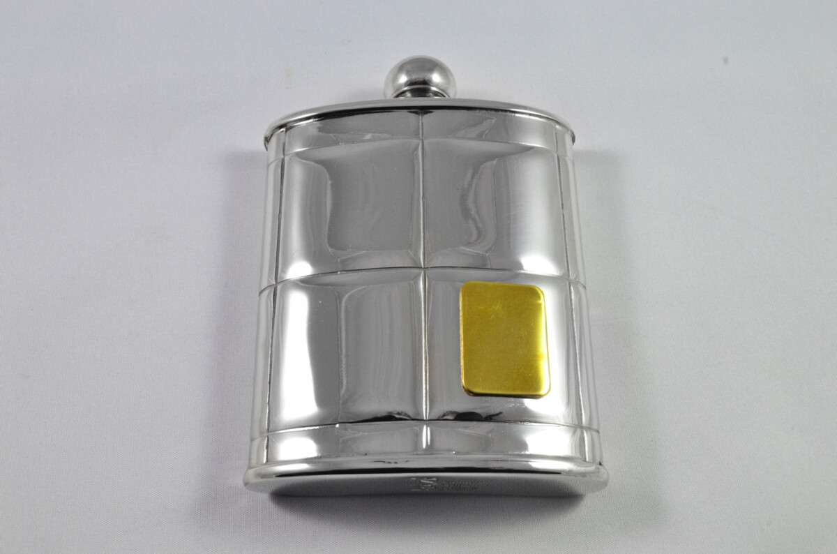 Brand New Pewter 6oz Art Deco Hip Flask with Brass Badge Bespoke Handmade in Sheffield England FREE ENGRAVING - Image 3