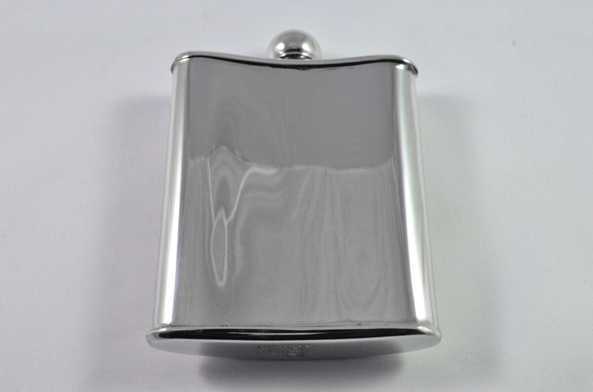 Brand New Pewter 6oz Art Deco Hip Flask with Brass Badge Bespoke Handmade in Sheffield England FREE ENGRAVING - Image 4