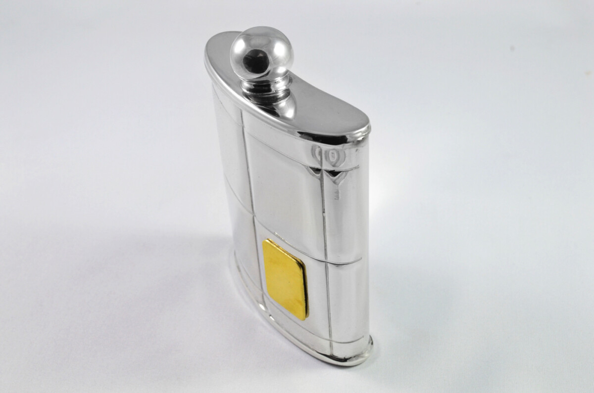 Brand New Pewter 6oz Art Deco Hip Flask with Brass Badge Bespoke Handmade in Sheffield England FREE ENGRAVING - Image 8