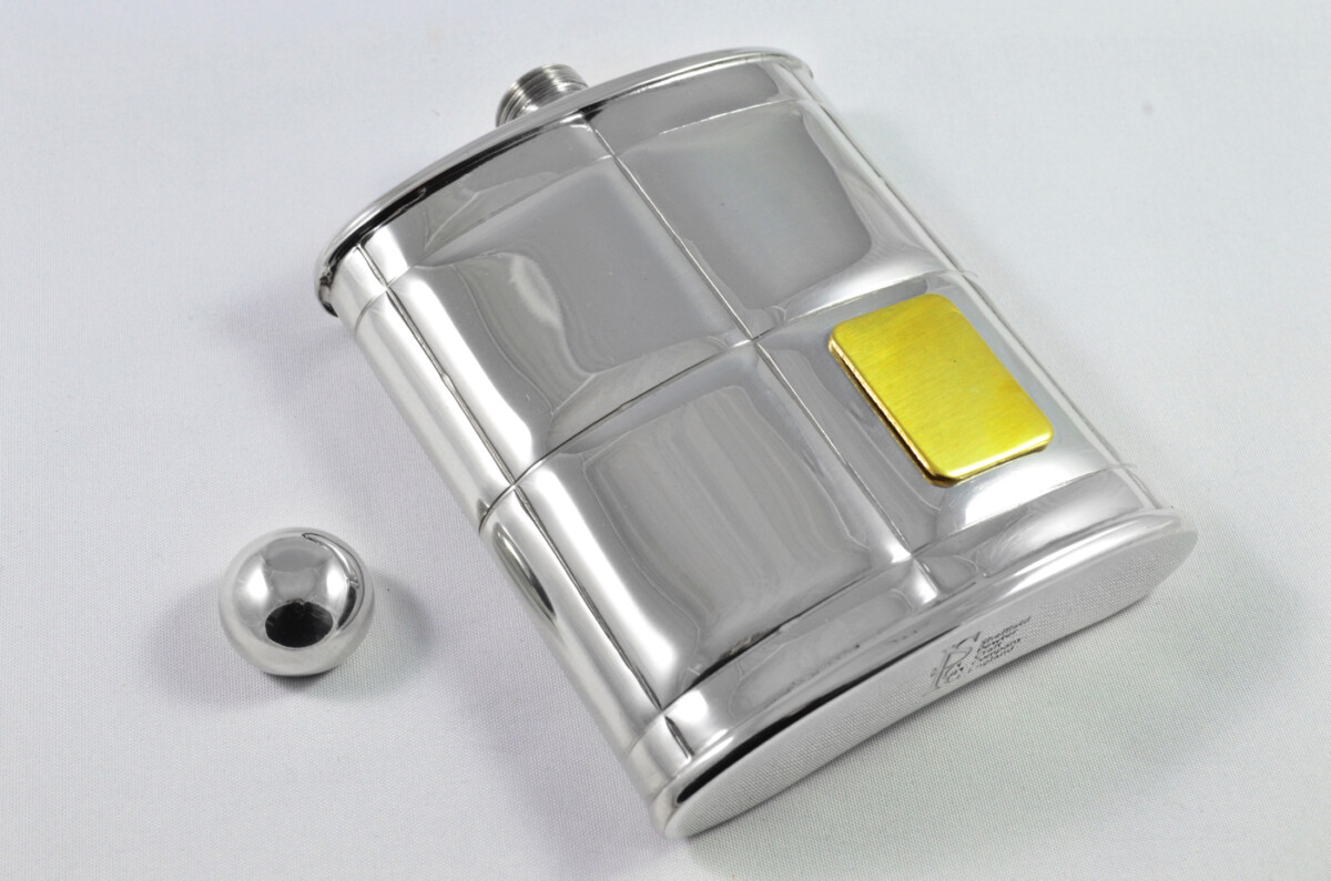 Brand New Pewter 6oz Art Deco Hip Flask with Brass Badge Bespoke Handmade in Sheffield England FREE ENGRAVING - Image 5