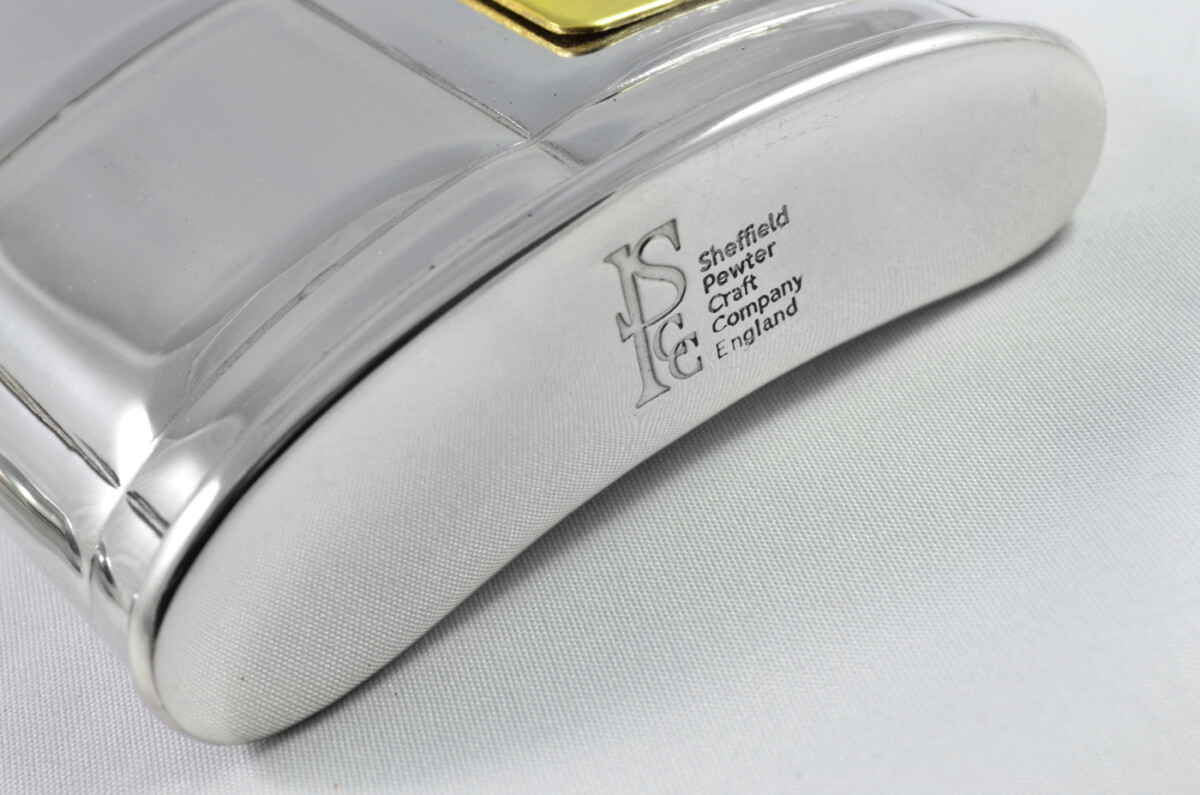 Brand New Pewter 6oz Art Deco Hip Flask with Brass Badge Bespoke Handmade in Sheffield England FREE ENGRAVING - Image 6