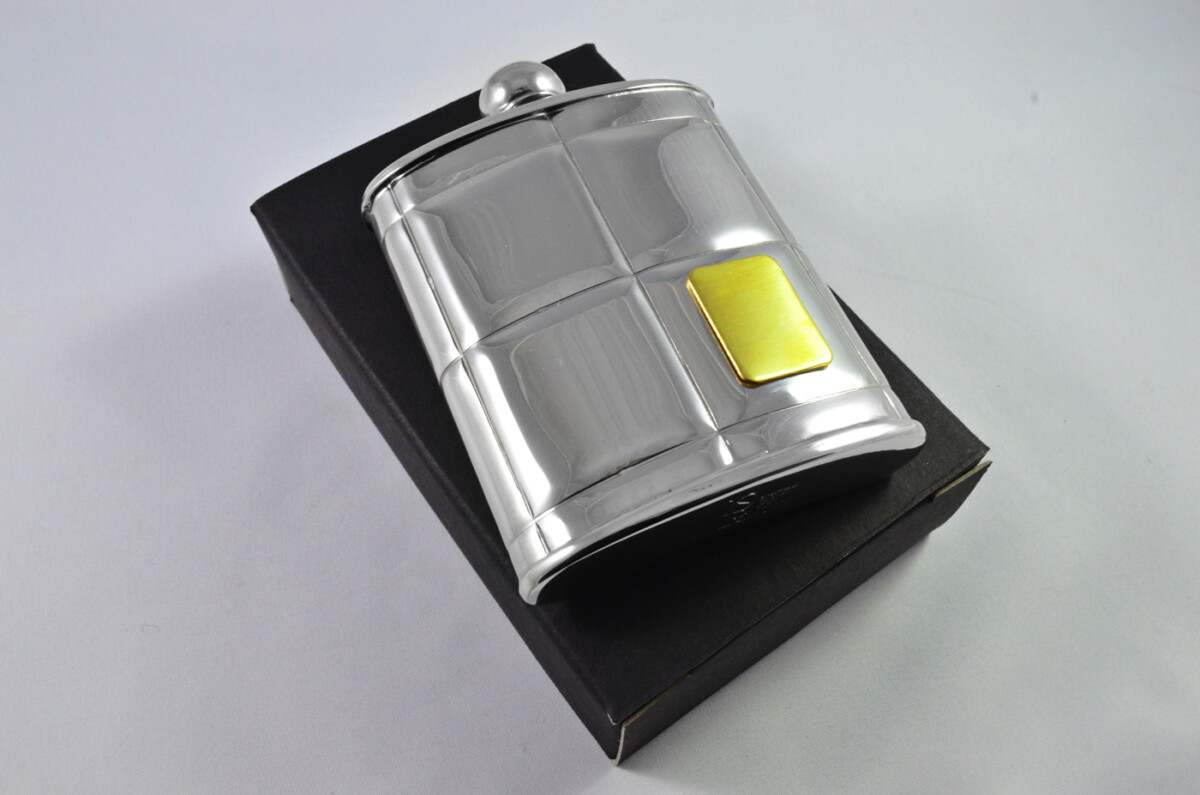 Brand New Pewter 6oz Art Deco Hip Flask with Brass Badge Bespoke Handmade in Sheffield England FREE ENGRAVING - Image 2