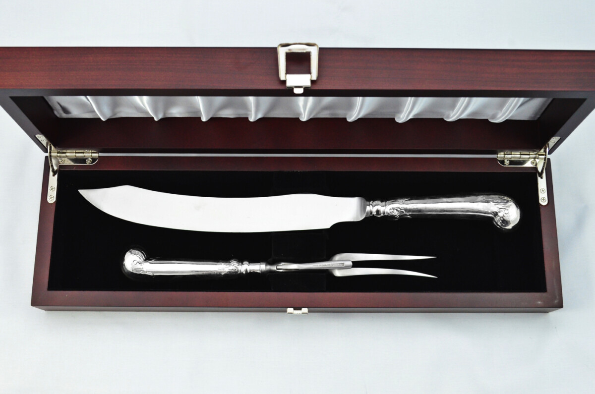 Harrison Brothers Wooden Cased Sterling Silver Handled 2 Piece Carving Set Fancy Pistol Pattern 1905