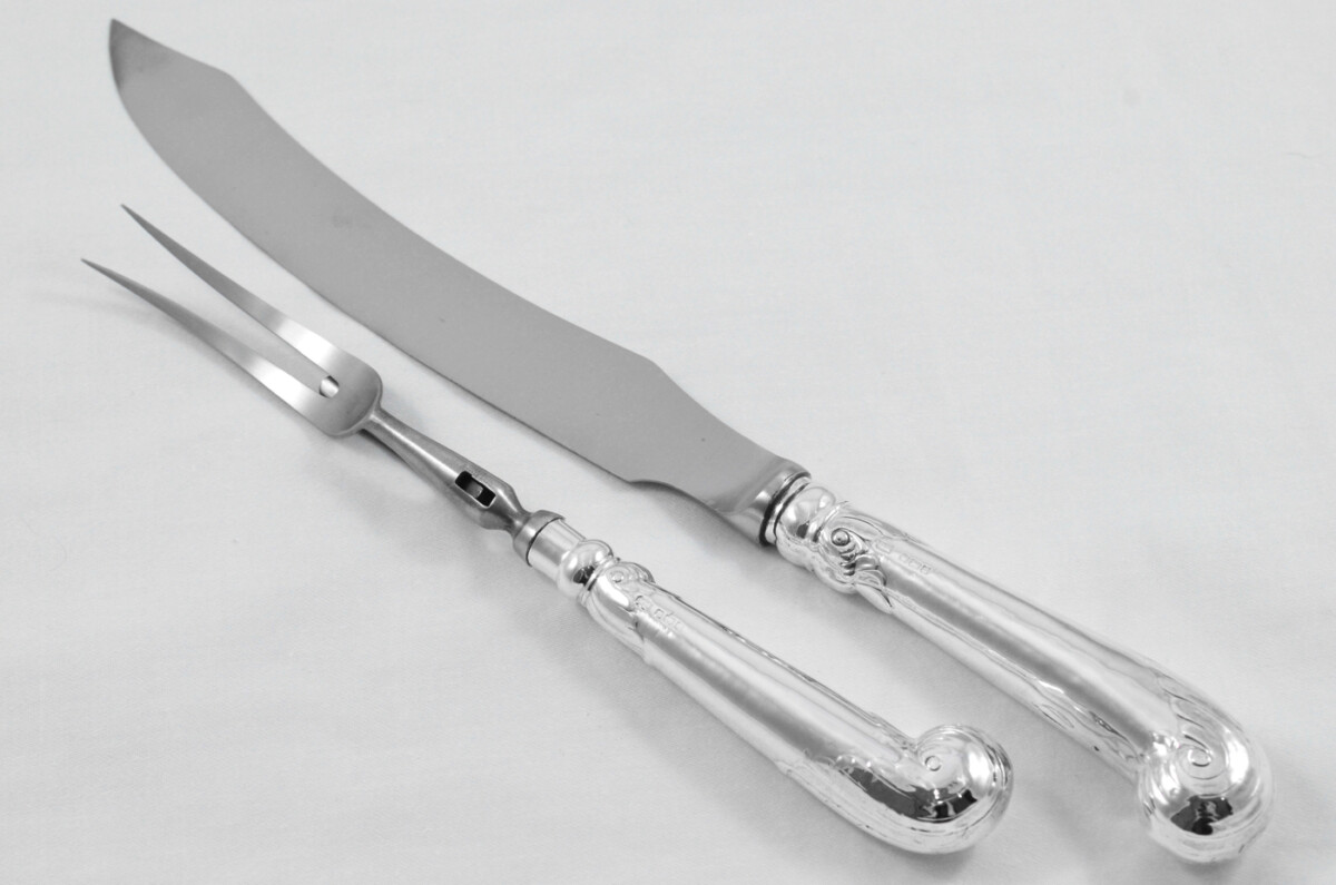 Harrison Brothers Wooden Cased Sterling Silver Handled 2 Piece Carving Set Fancy Pistol Pattern 1905 - Image 2