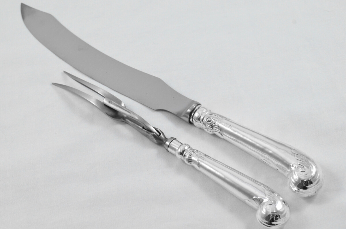 Harrison Brothers Wooden Cased Sterling Silver Handled 2 Piece Carving Set Fancy Pistol Pattern 1905 - Image 3