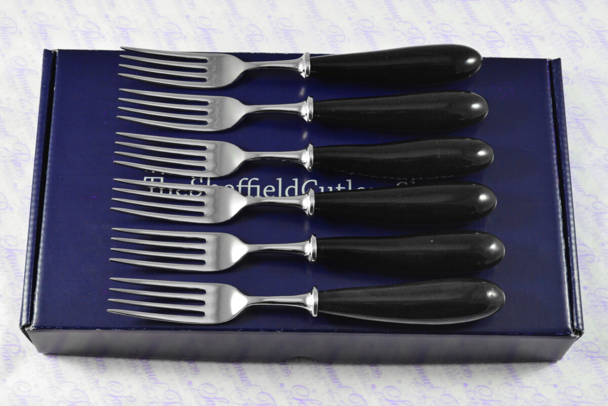 Six Boxed Brand New Genuine Water Buffalo Handle Steak Forks Made in Sheffield England
