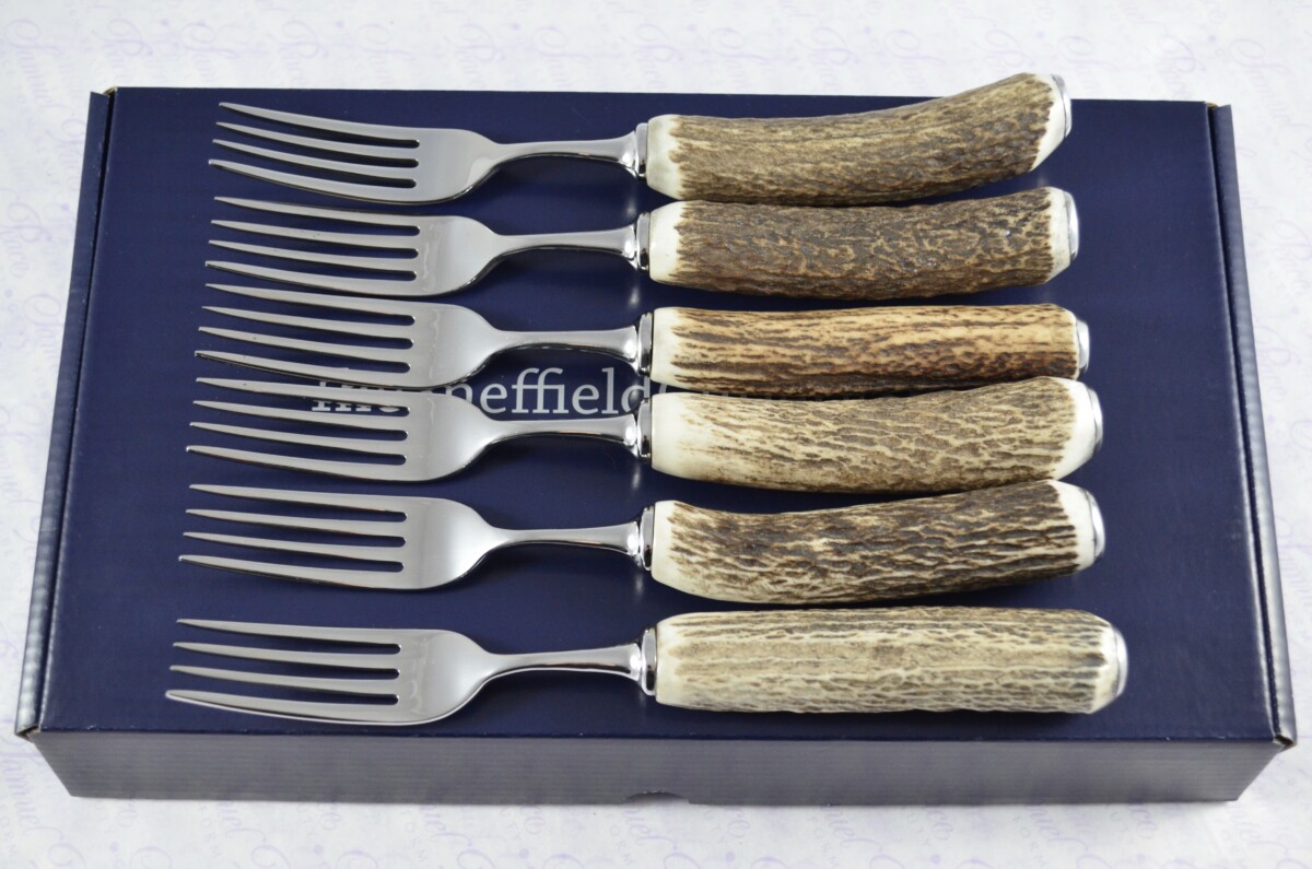 A Set of Six Genuine Stag/Antler Handle Steak Forks Boxed Made In Sheffield England