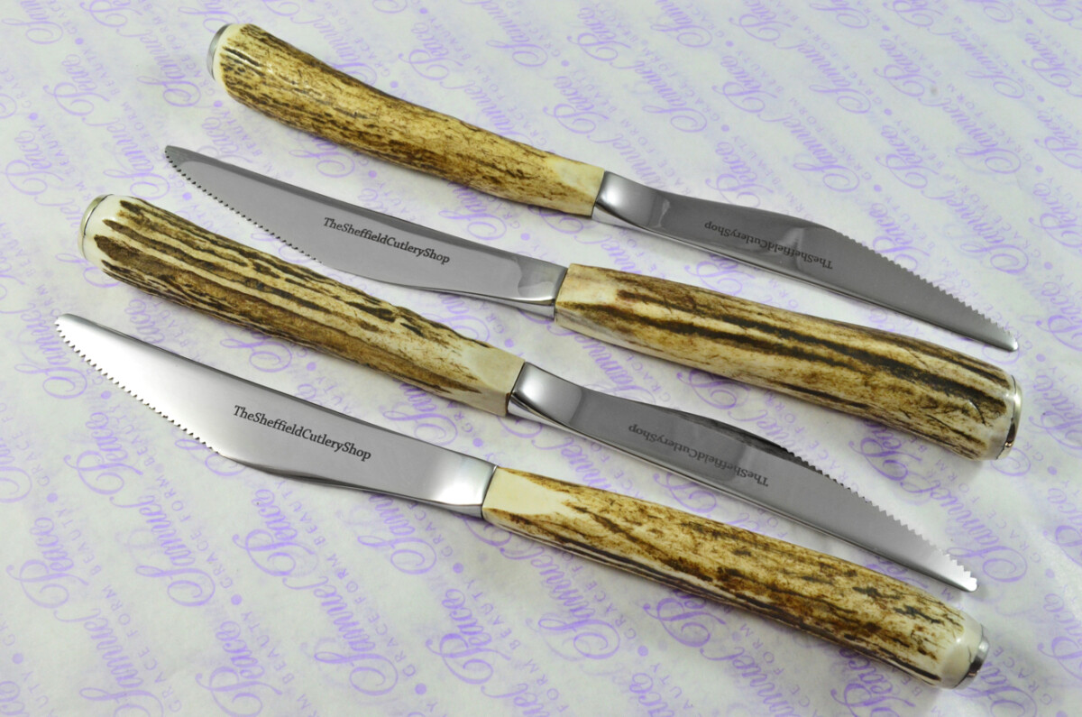 Coarse Serrate Four Genuine Stag/Antler Handle Steak/Bistro/Grill Knife Made Sheffield England - Image 3