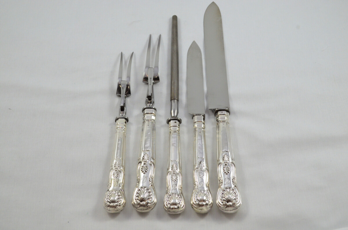 Francis Higgins II RARE London Cased Sterling Silver Handled 5 Piece Game & Carving Set Kings Pattern 1875