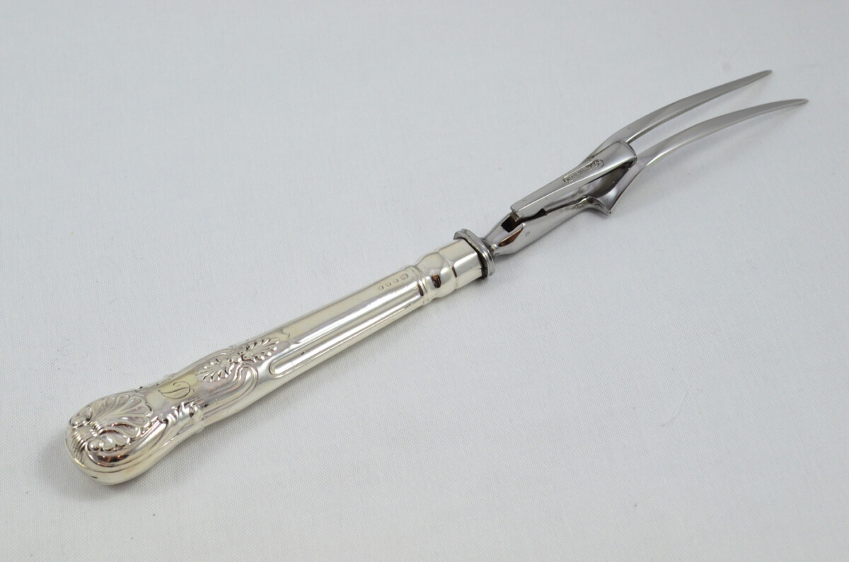 Francis Higgins II RARE London Cased Sterling Silver Handled 5 Piece Game & Carving Set Kings Pattern 1875 - Image 14