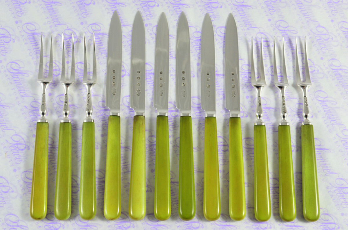 ERNEST J LOWE 6 PAIRS CARVED STAINED IVORY & STERLING SILVER KNIVES & FORKS LONDON 1929 - Image 2