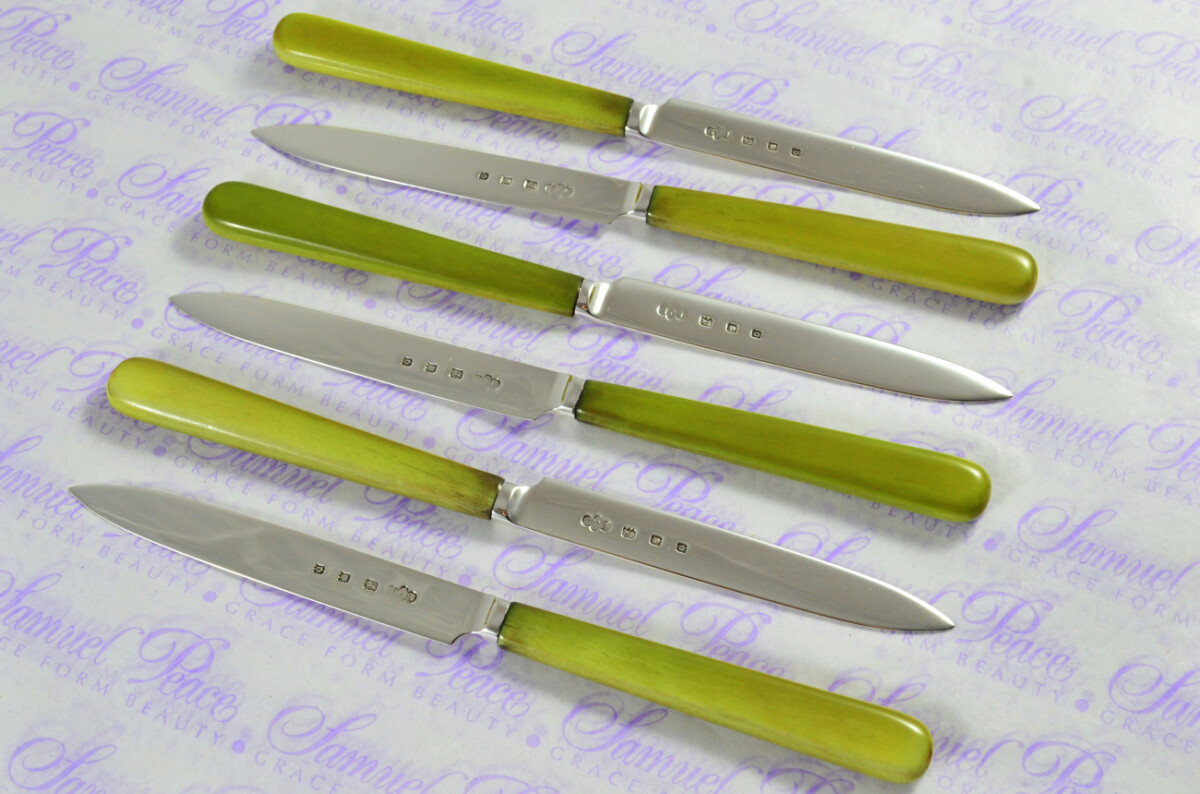 ERNEST J LOWE 6 PAIRS CARVED STAINED IVORY & STERLING SILVER KNIVES & FORKS LONDON 1929 - Image 8